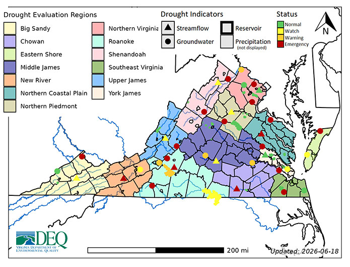 Drought warning throughout most of Virginia
